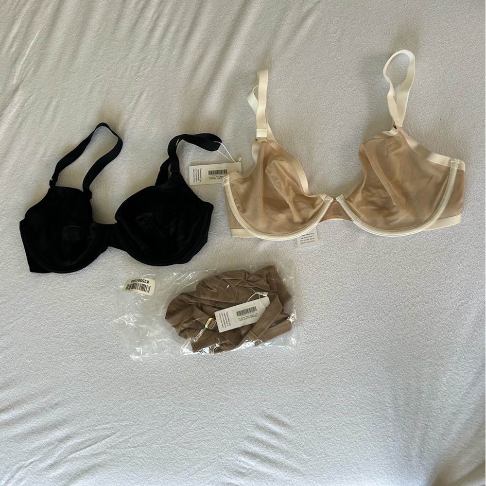 Three CUUP Bras — 34E — Black Plunge Bra, Tan Mesh Plunge Bra, Tan Scoop Bra